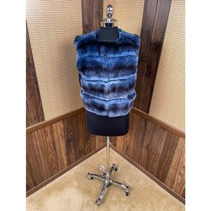 Maximilian Horizontal Dyed Blue Rex Rabbit Chinchilla Fur Gilet Vest Large